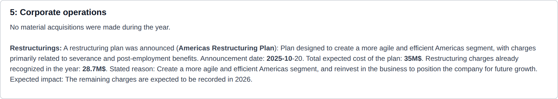 Sección de operaciones corporativas del análisis de TAP 2025: plan de reestructuración de las Américas de 35M$ con 28,7M$ reconocidos