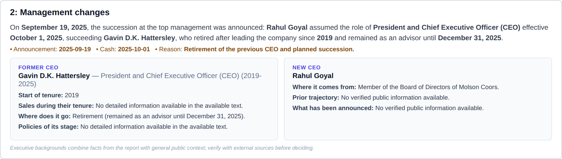 Sección de cambios en la dirección del análisis de TAP 2025 con el antiguo CEO Gavin Hattersley y el nuevo CEO Rahul Goyal